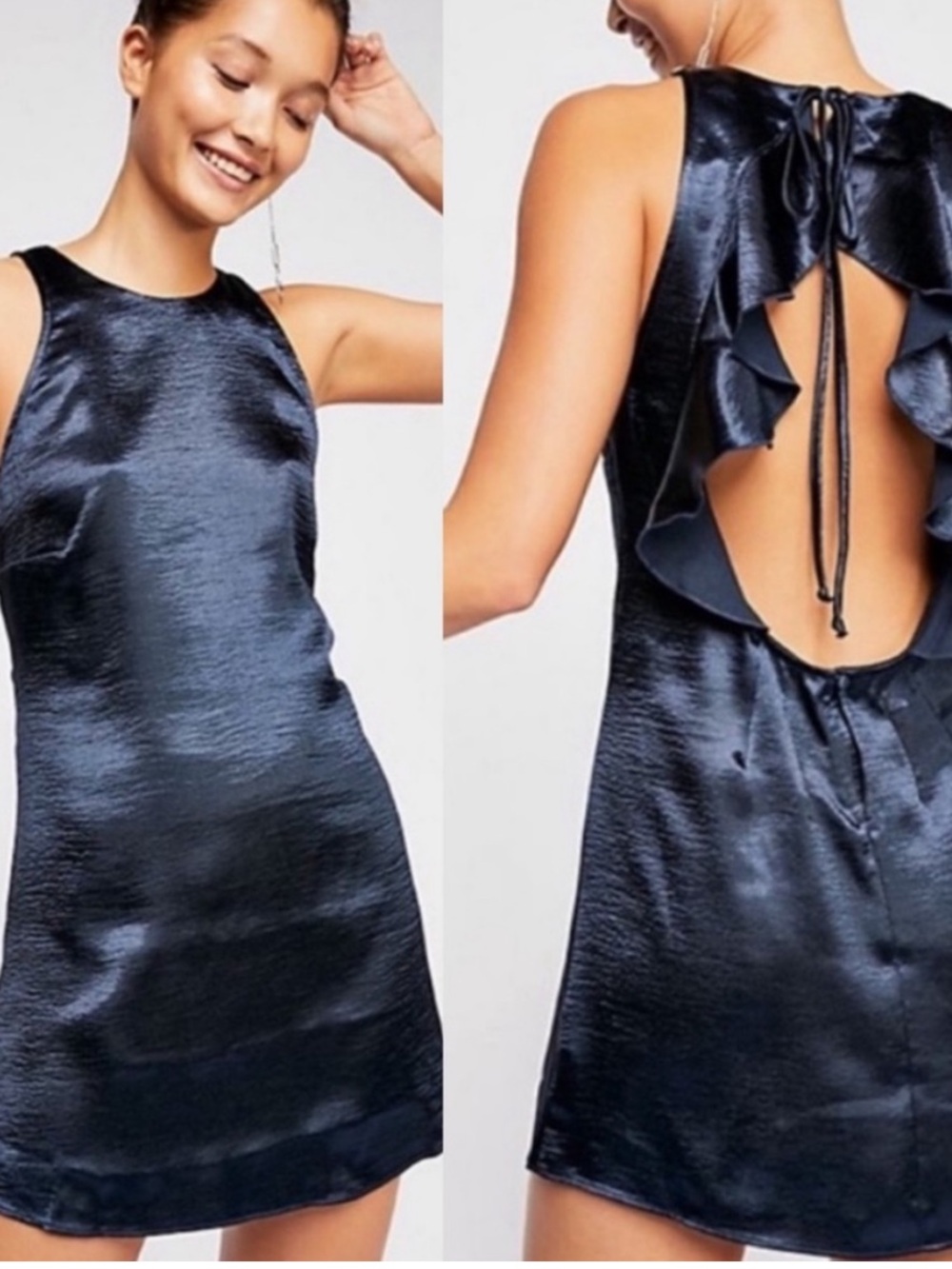 NWT‎ Free People After Hours Slip Dress Blue Satin Size Small Ruffle Open Back S